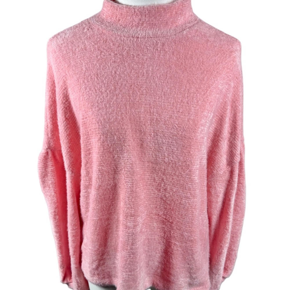 Sanctuary Fairy Feminine Eyelash Knit Pink Turtleneck Balloon Sleeve Sweater